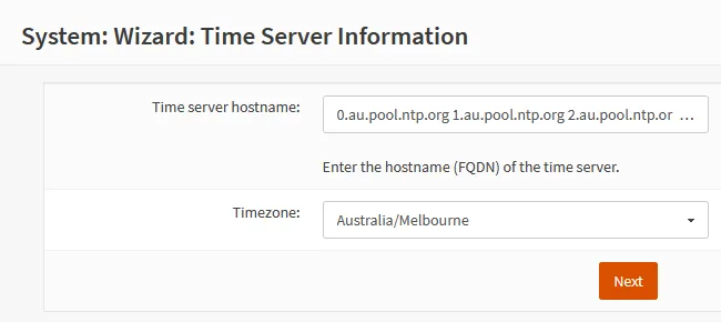 OPNSense Wizard second page: Time Server information