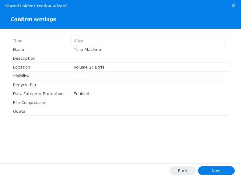 Synology new Shared Folder confirm settings