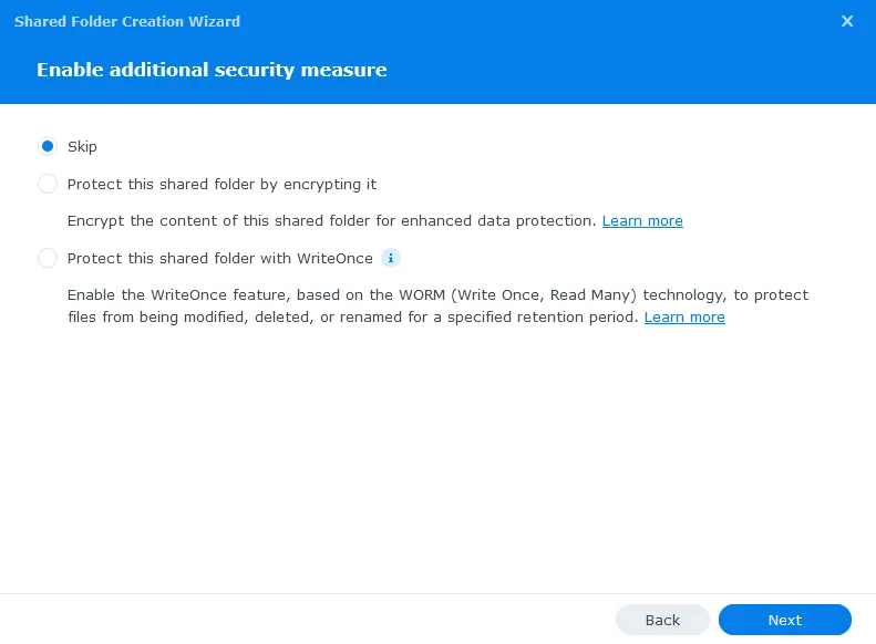 Synology new Shared Folder security dialog