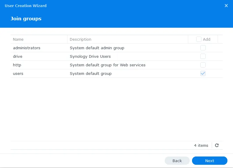 Synology new user groups dialog