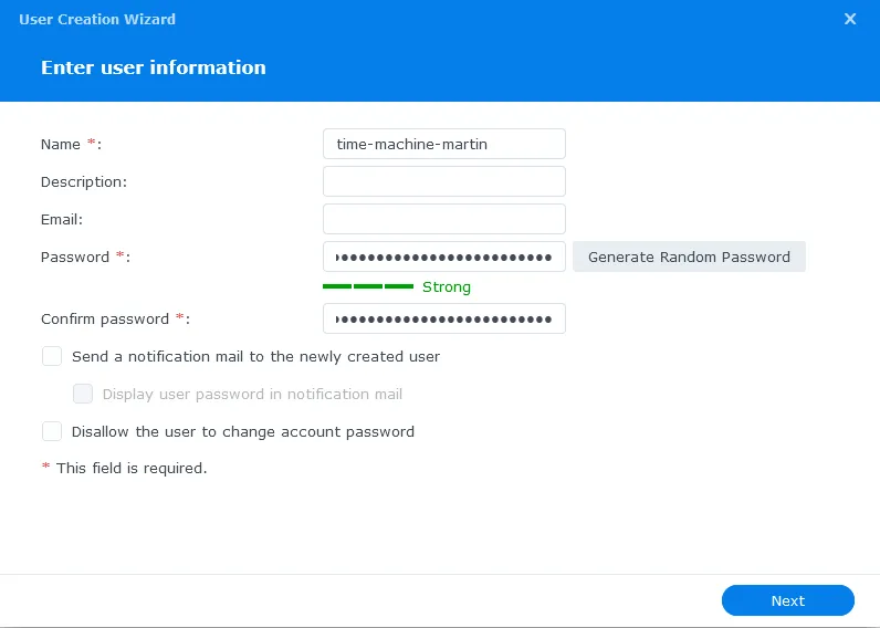 Synology new user dialog