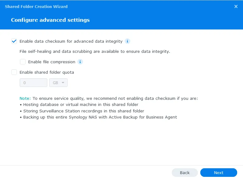 Synology new Shared Folder advanced settings