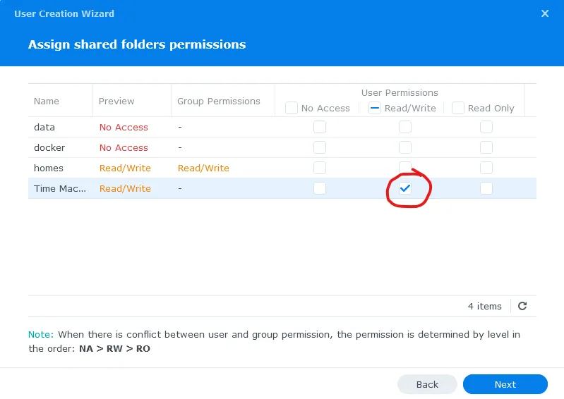 Synology new user shared folder dialog