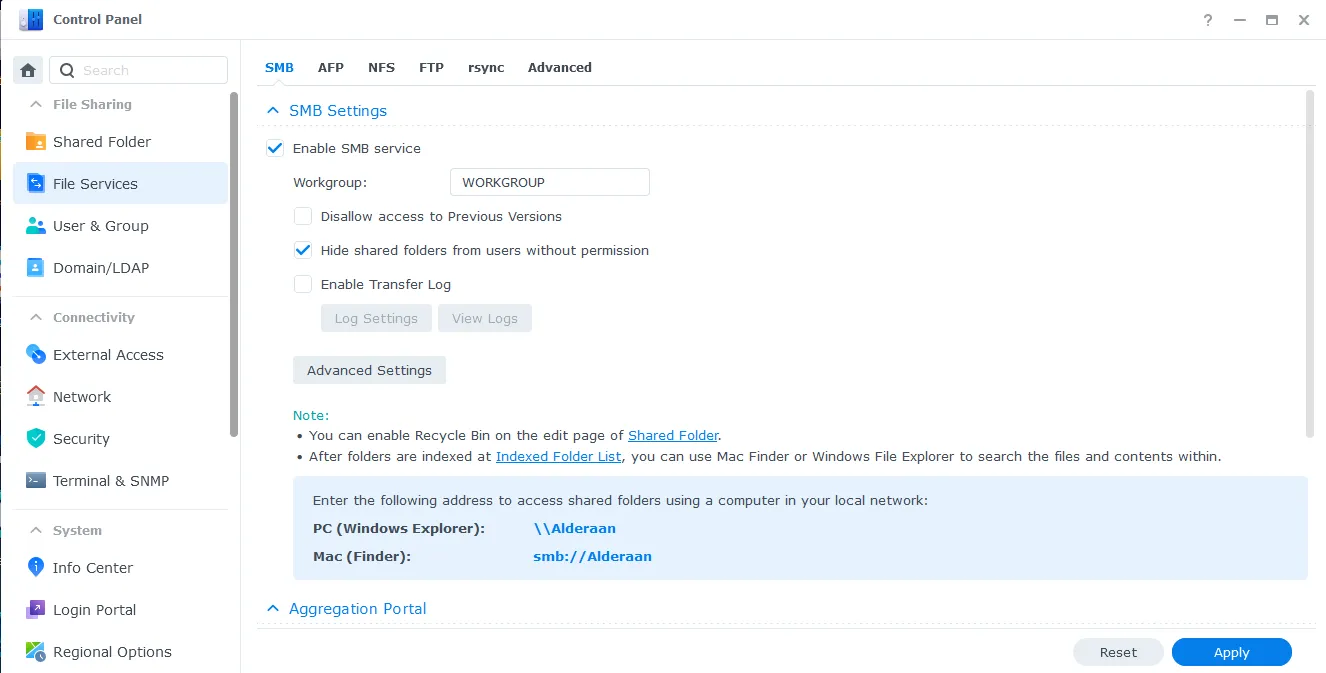 Synology File Services settings pane