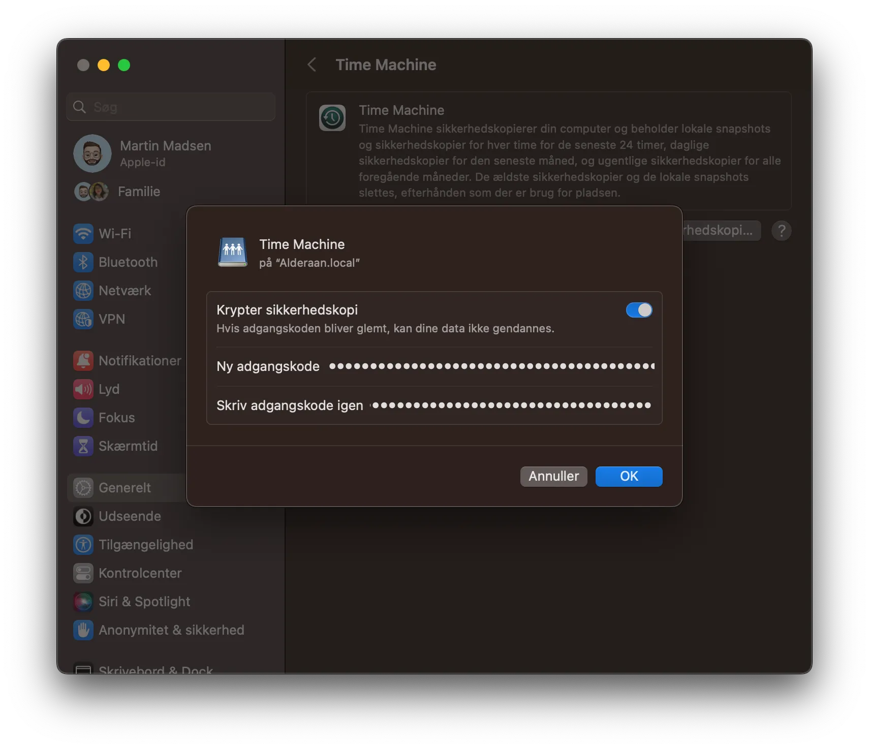 Time Machine encryption settings